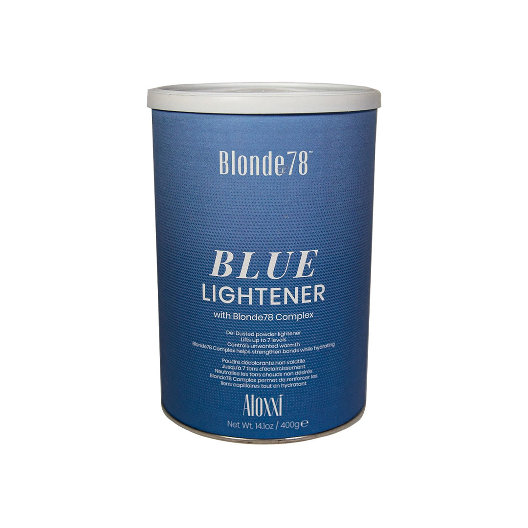 Blue lightener container with 'Blonde78' branding on a white background